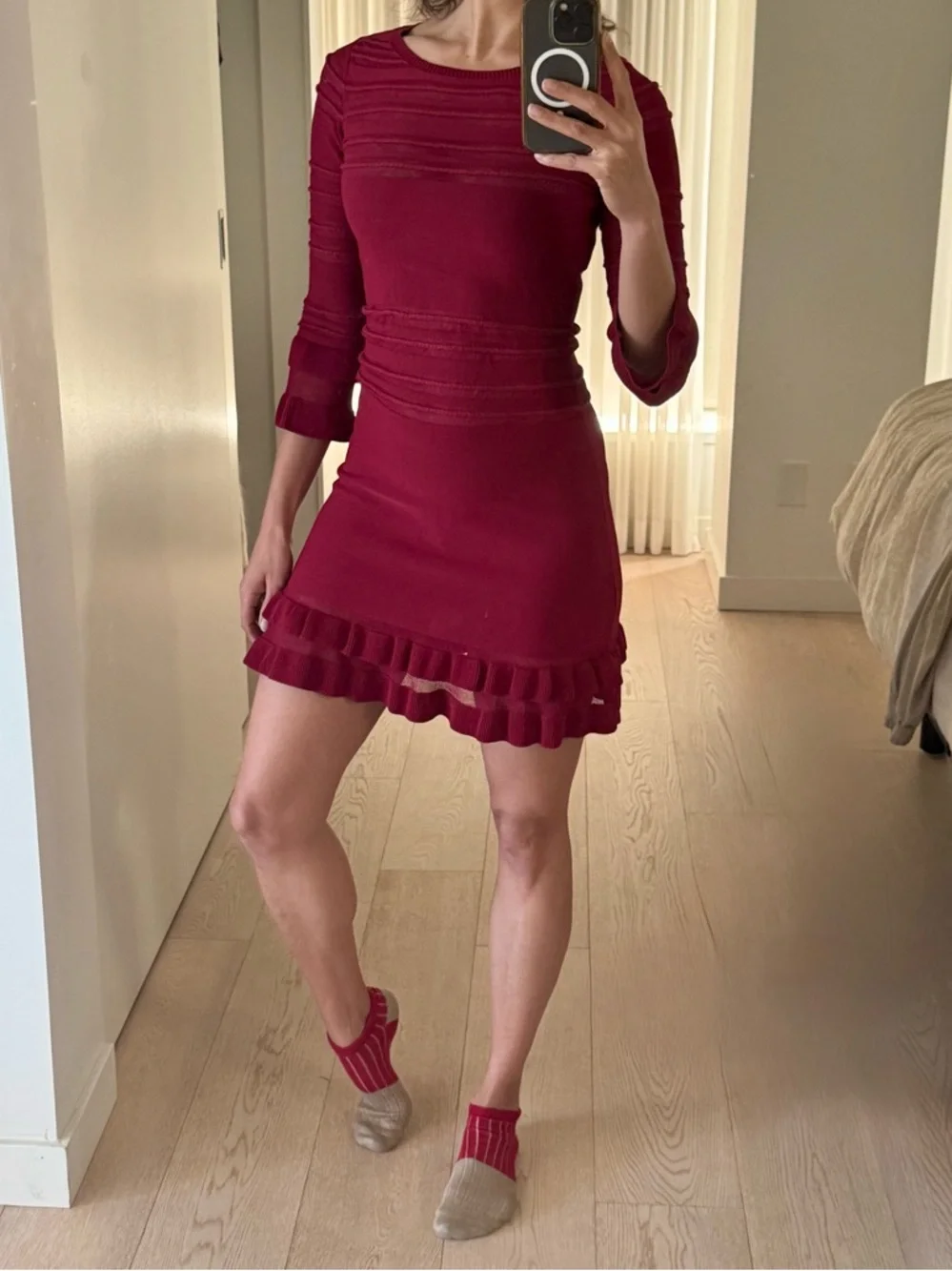 For Love And Lemons Burgundy Sheer-Stripe Ruffle Mini Dress - Picture 2 of 10